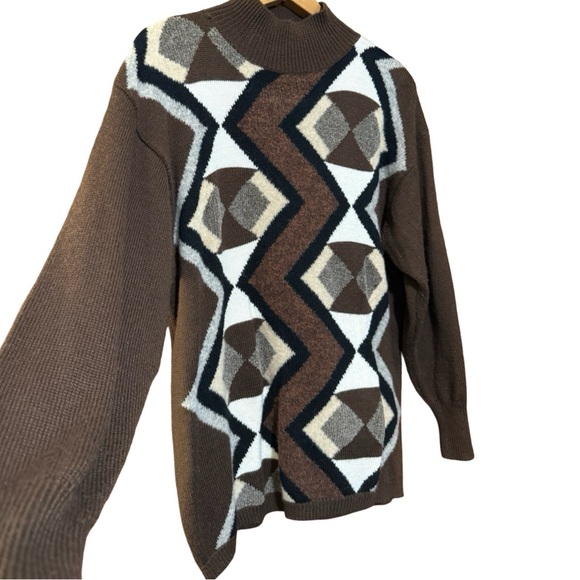 Vintage 1990s Fred Thomas Knit Argyle Abstract Mock Neck Sweater - Picture 3 of 6